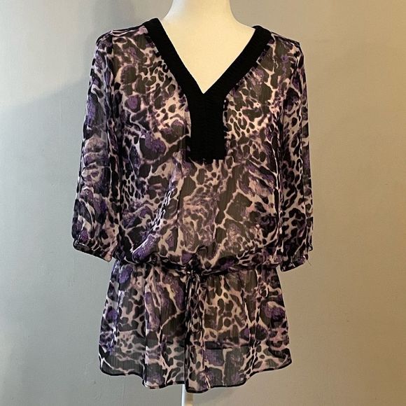 Purple Sheer Leopard V-Neck Blouse - 3/4 Sleeves - Picture 1 of 6